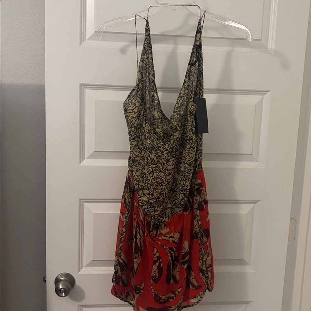 VIX PAULA HERMANNY red & Tan tropical mini dress 100% silk SZ M resort wear NWT - Picture 2 of 14